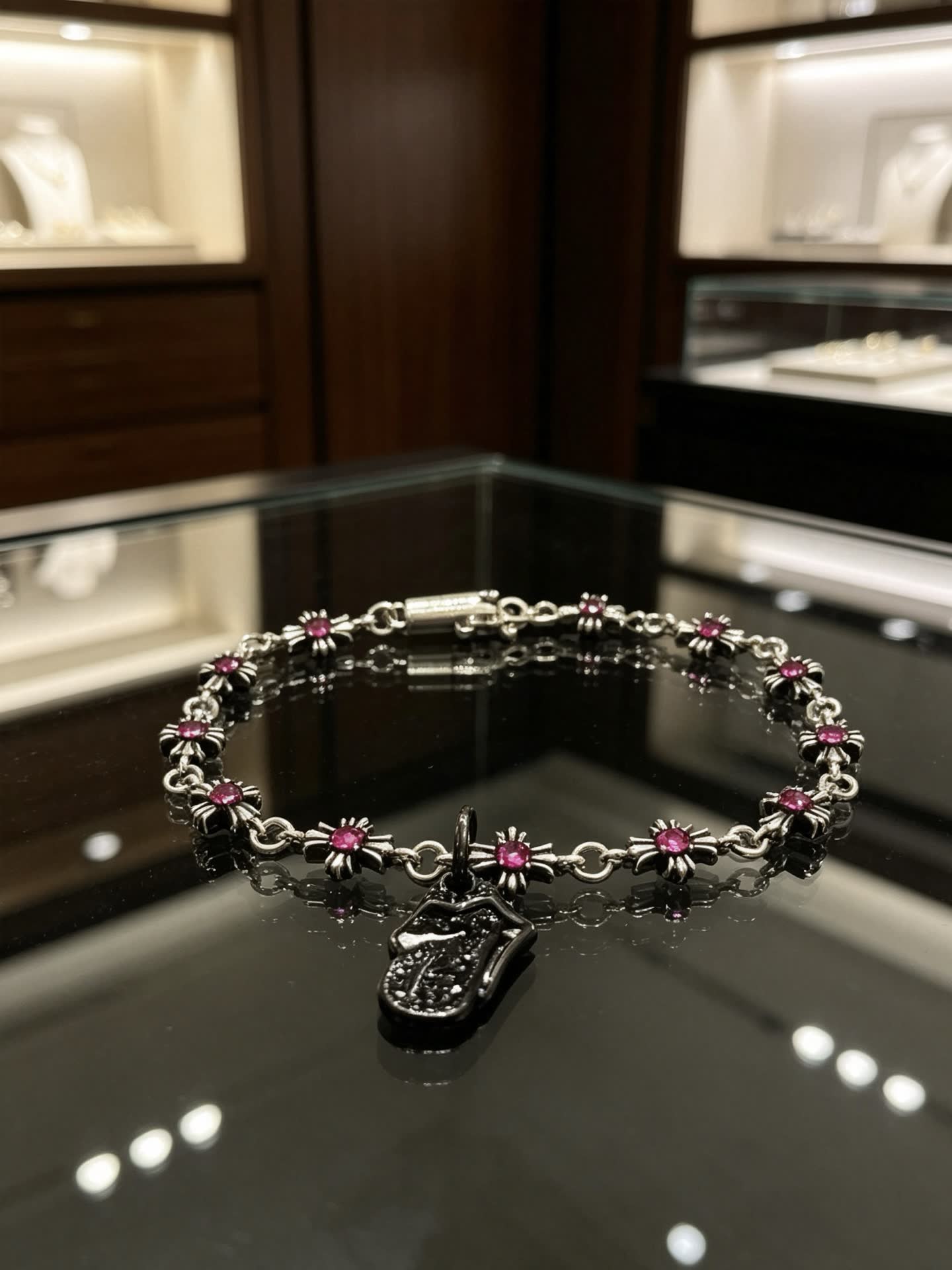 Chrome Hearts Silver and Ruby Gemstone Bracelet with Beetle Charm